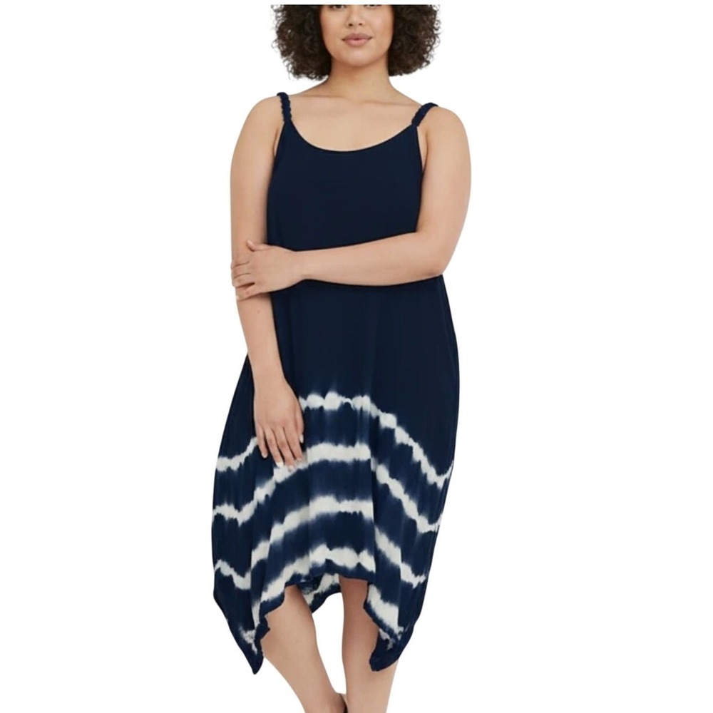 Swimsuits For All Navy Tie Dye Handkerchief Hem Cover Up‎ Dress 18/20 NWT